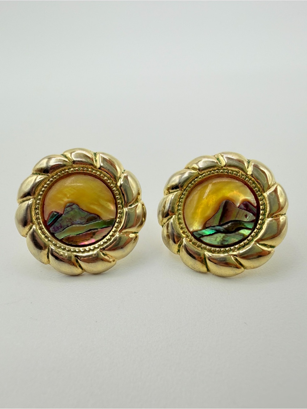 Vintage Nuri Gold Tone Abalone Floral Earrings